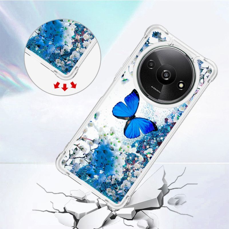 Coque Xiaomi Redmi A3 / Poco C61 Paillettes Papillon Bleu