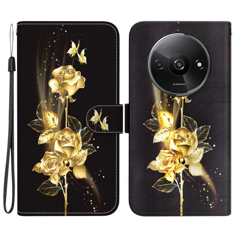 Housse Xiaomi Redmi A3 / Poco C61 Papillon Dorés et Roses à Lanière