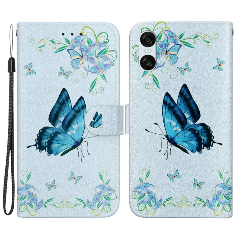 Housse Sony Xperia 10 VI Papillon Bleu et Fleurs à Lanière