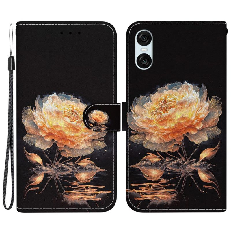 Housse Sony Xperia 10 VI Pivoine Dorée à Lanière