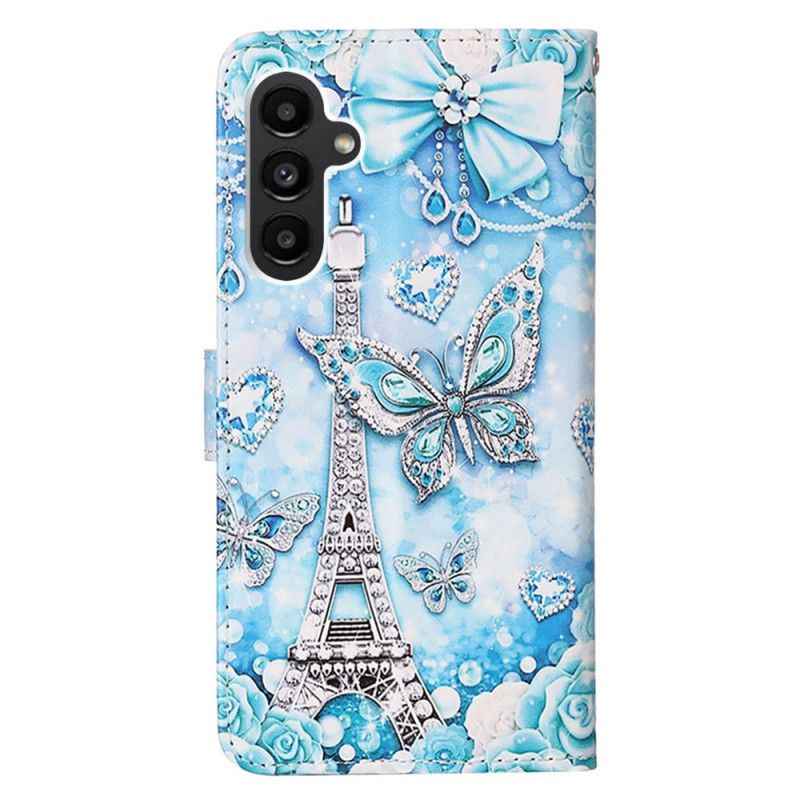 Housse Samsung Galaxy A15 Tour Eiffel et Papillons à Lanière