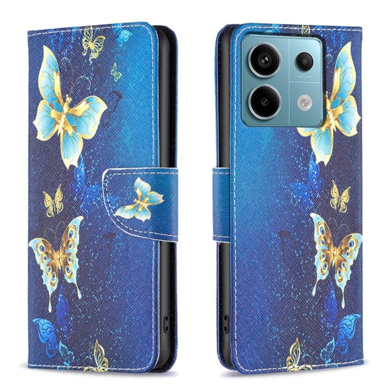 Housse Xiaomi Redmi Note 13 Pro 5G / Poco X6 5G Papillons Dorés sur Fond Bleu