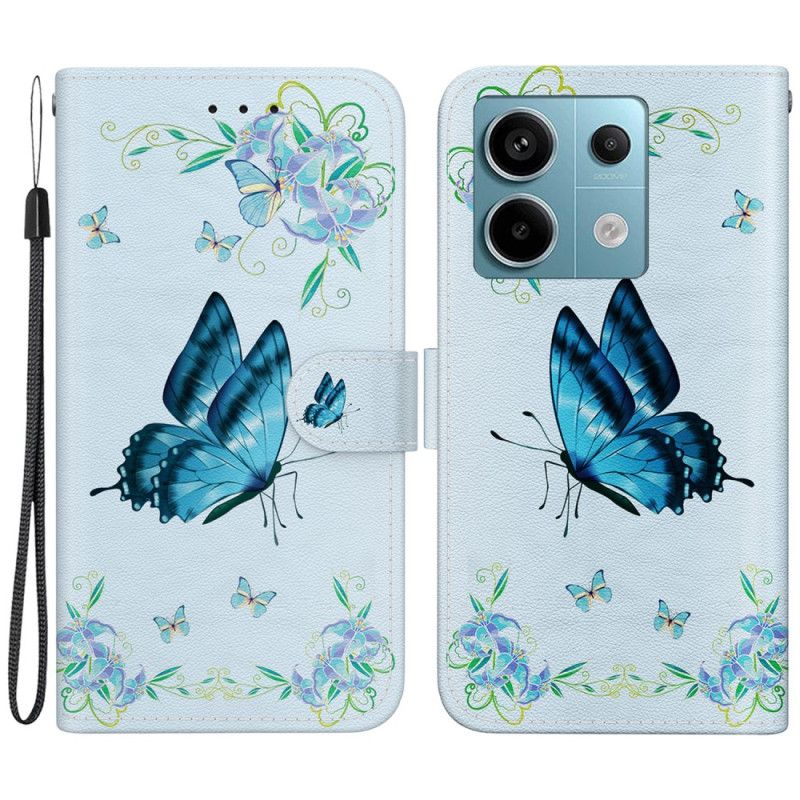 Housse Xiaomi Redmi Note 13 Pro 5G / Poco X6 5G Papillons et Fleurs Bleus à Lanière