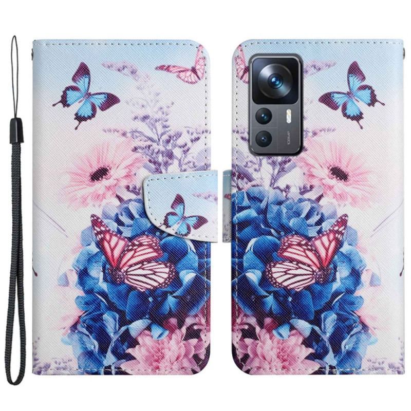 Housse Xiaomi 12T / 12T Pro Papillons aux Fleurs avec Lanière