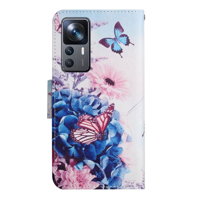 Housse Xiaomi 12T / 12T Pro Papillons aux Fleurs avec Lanière