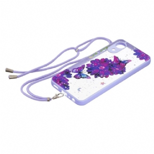 Coque Samsung Galaxy A03 Core à cordon fleurs et papillons violets