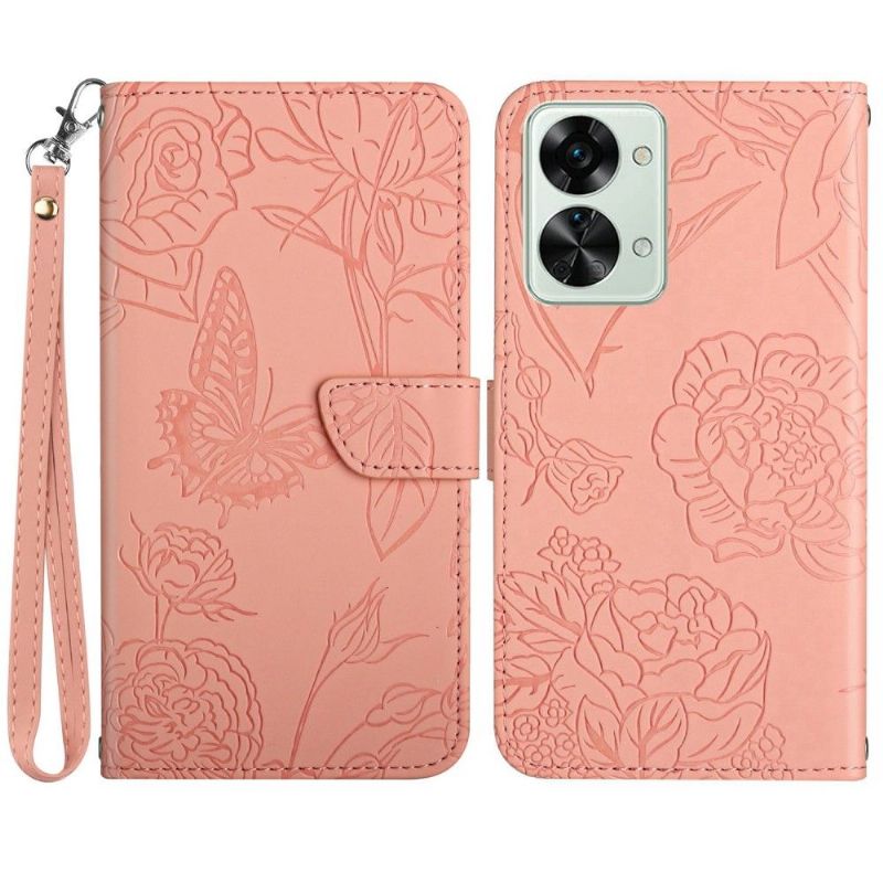 Housse OnePlus Nord 2T 5G Illustration Papillon et Fleurs Lanière