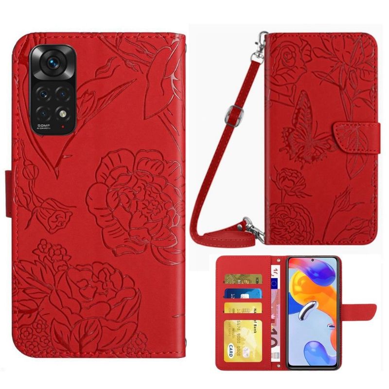 Housse Xiaomi Redmi Note 11 / 11S Illustration Papillon et Fleurs Sangle