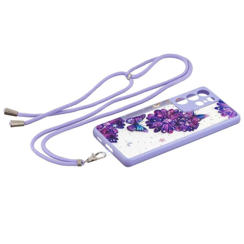 Coque à cordon Samsung Galaxy S21 Ultra 5G fleurs et papillons violets