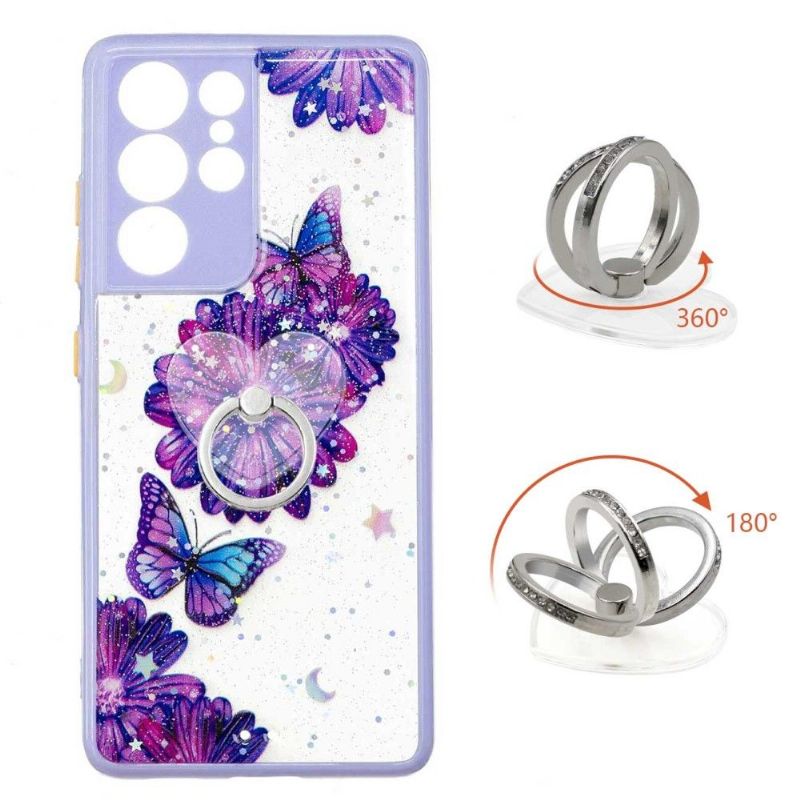 Coque Samsung Galaxy S21 Ultra 5G fleurs et papillons violets avec anneau