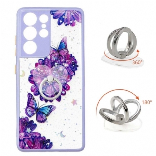 Coque Samsung Galaxy S21 Ultra 5G fleurs et papillons violets avec anneau