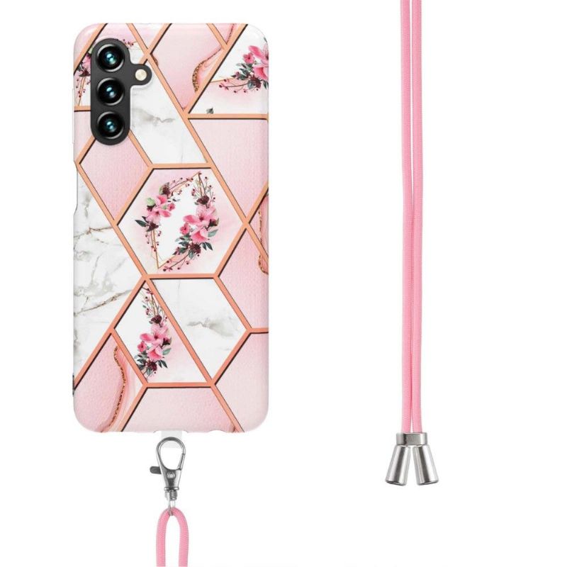 Coque à cordon Samsung Galaxy A13 5G marbre et couronne de fleurs