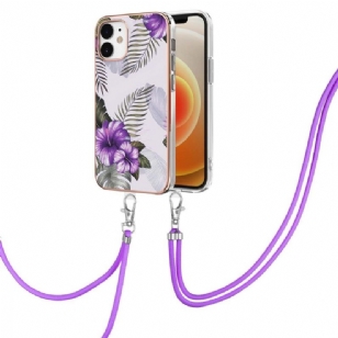 Coque iPhone 12 mini fleurs exotiques à cordon