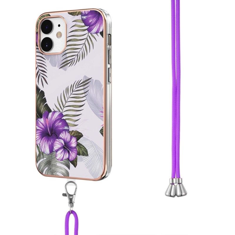 Coque iPhone 12 mini fleurs exotiques à cordon