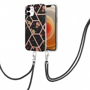 Coque iPhone 12 mini marbre et fleurs à cordon