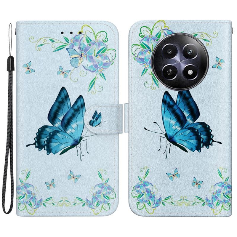 Housse Realme 12 5G / 12X 5G Papillon Bleu et Fleurs à Lanière