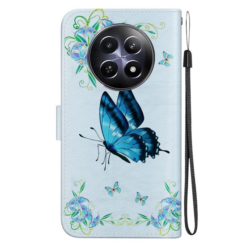 Housse Realme 12 5G / 12X 5G Papillon Bleu et Fleurs à Lanière