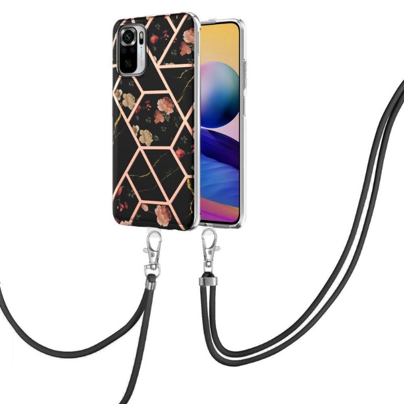 Coque Xiaomi Redmi Note 10 / Note 10s marbre et fleurs à cordon