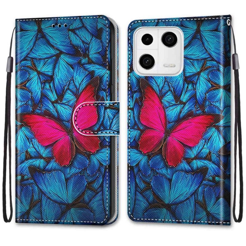 Housse Xiaomi 13 Papillon Rouge Sur Fond Bleu