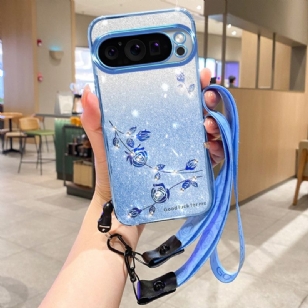 Coque Google Pixel 9 Pro XL Fleurs et Strass à Lanière KADEM