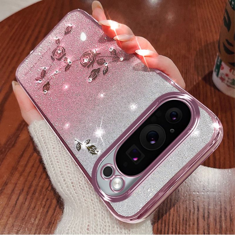 Coque Google Pixel 9 Pro XL Fleurs et Strass à Lanière KADEM