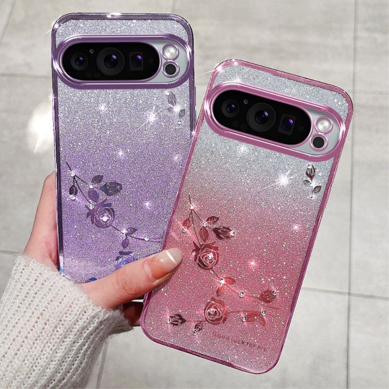 Coque Google Pixel 9 Pro XL Fleurs et Strass à Lanière KADEM