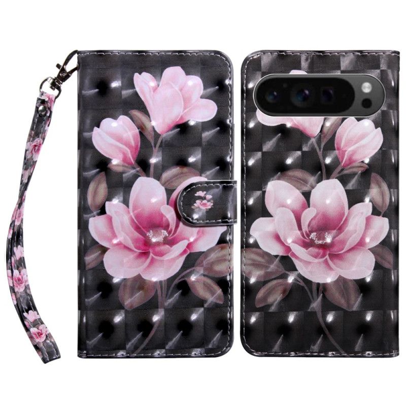 Housse Google Pixel 9 Pro XL Fleurs Rose sur Fond Noir à Lanière