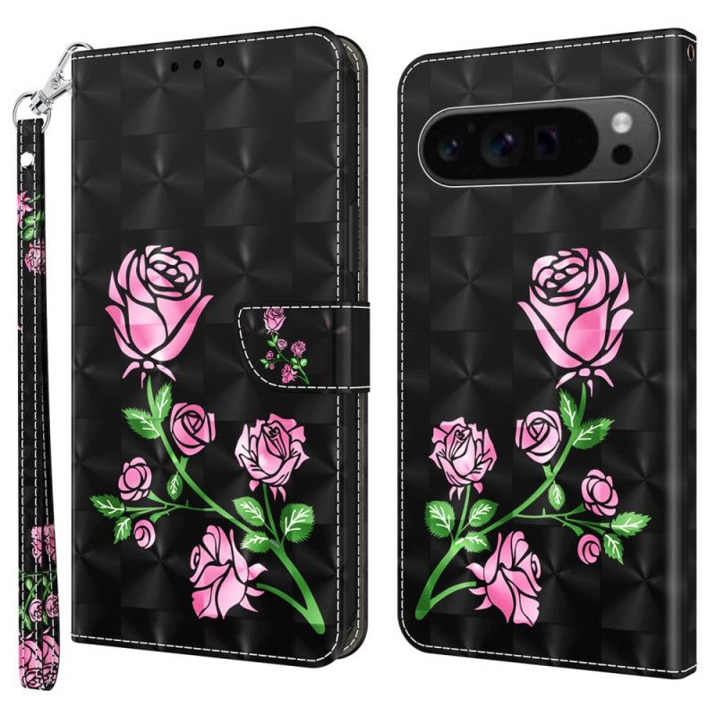 Housse Google Pixel 9 Pro XL Fleurs Roses à Lanière