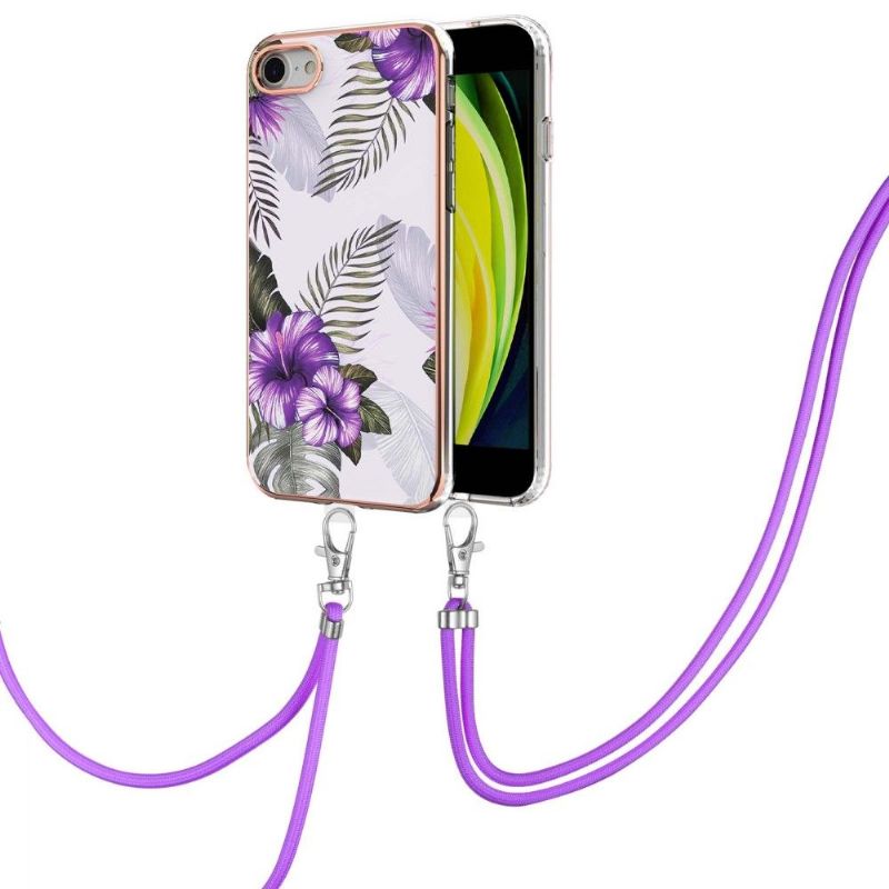 Coque iPhone SE 2022 / 2020 à cordon fleurs exotiques