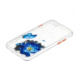 Coque iPhone SE 2022 / 2020 fleurs et papillons bleus