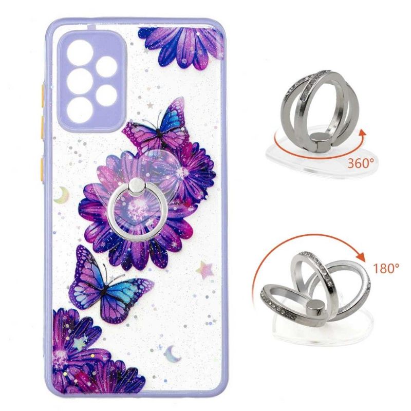 Coque Samsung Galaxy A72 5G / A72 4G fleurs et papillons violets avec anneau