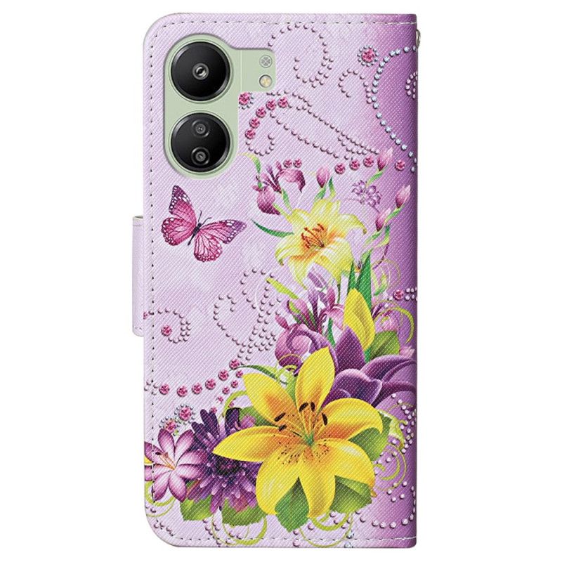 Housse Xiaomi Redmi 13C 4G/5G/Poco C65 Fleurs Jaunes et Papillons à Lanière