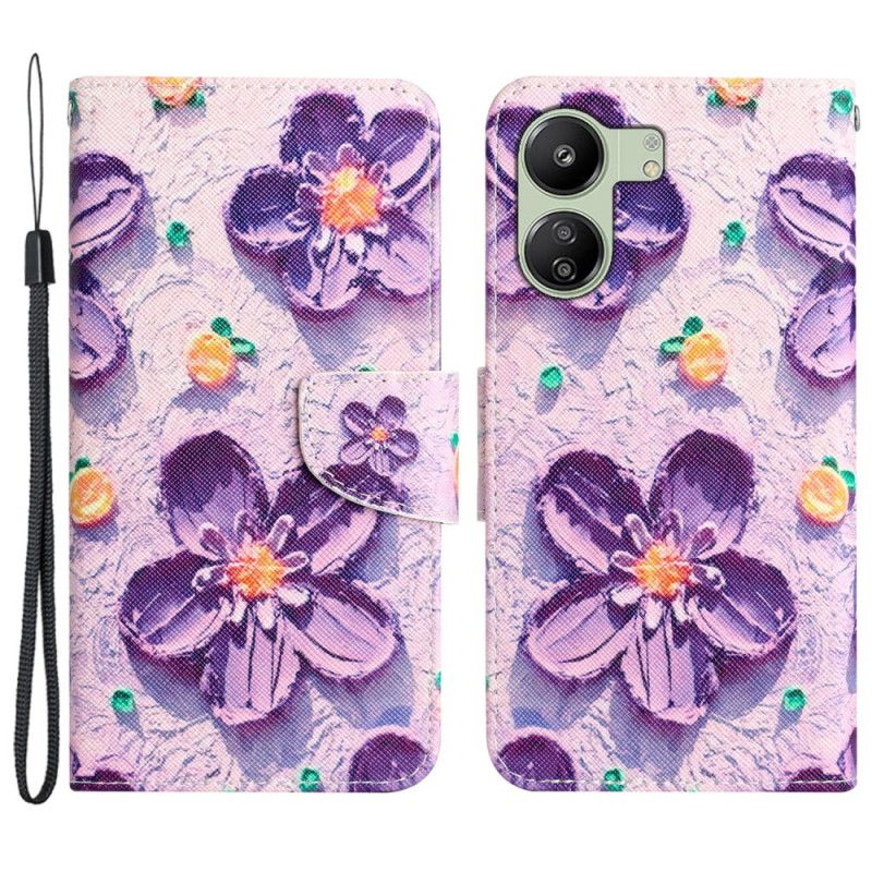 Housse Xiaomi Redmi 13C 4G/5G/Poco C65 Fleurs Pourpres à Lanière