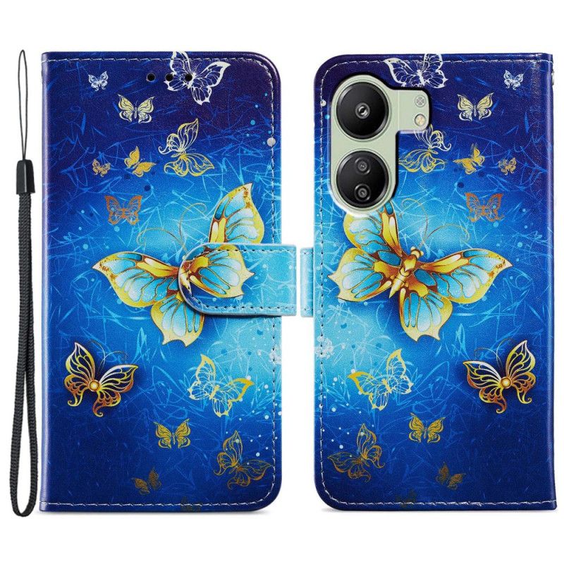 Housse Xiaomi Redmi 13C / Poco C65 Papillons Dorés à Lanière