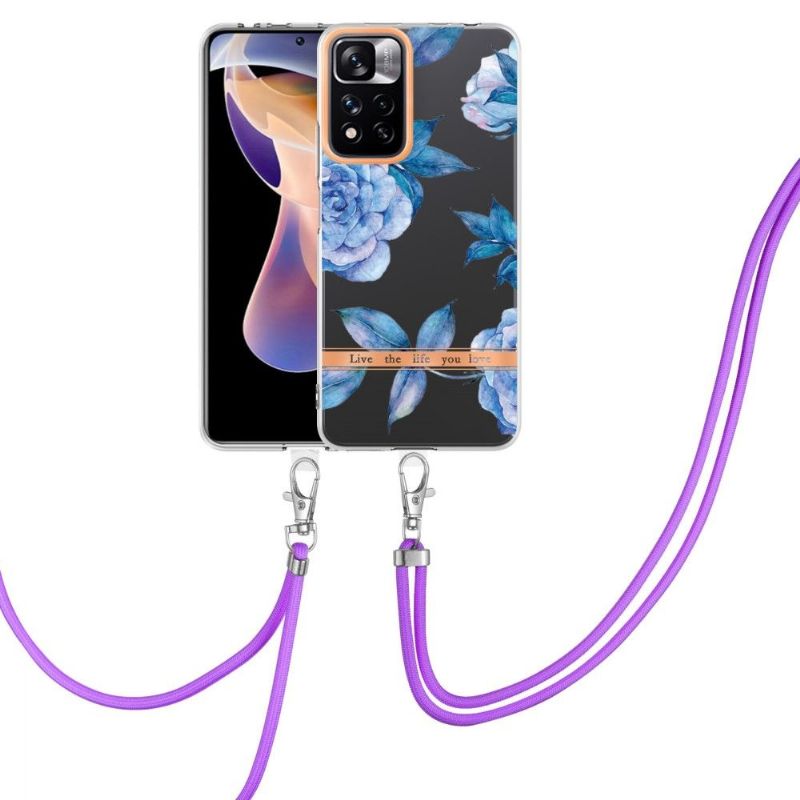 Coque Xiaomi Redmi Note 11 Pro Plus 5G Pivoine bleu à cordon