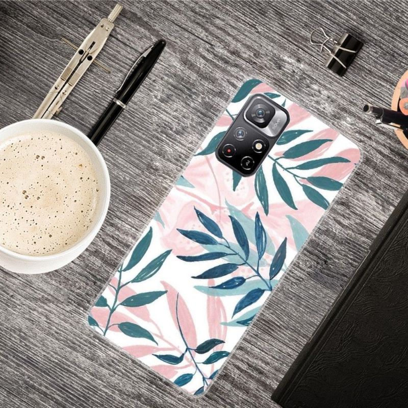 Coque Xiaomi Poco M4 Pro 5G Feuilles Vertes et Roses