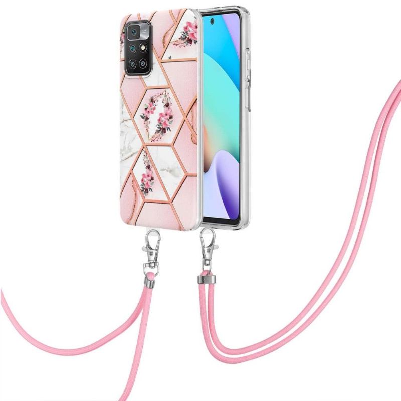 Coque à cordon Xiaomi Redmi 10 marbre et couronne de fleurs