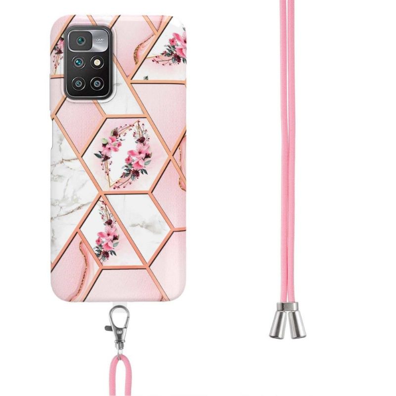 Coque à cordon Xiaomi Redmi 10 marbre et couronne de fleurs