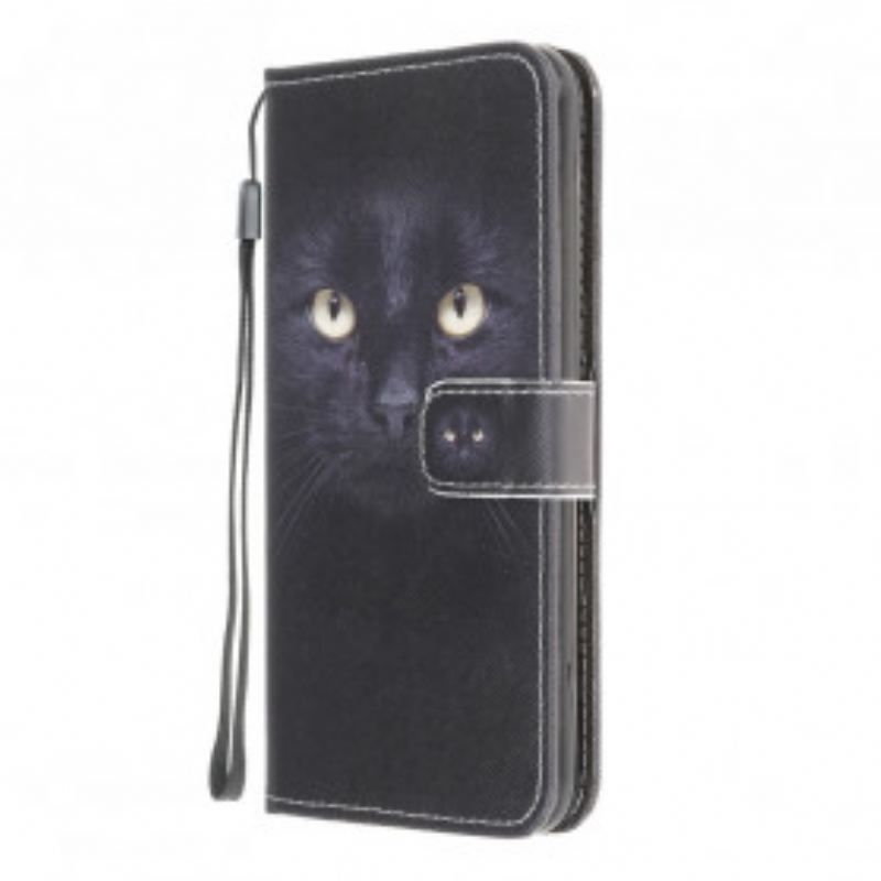 Housse Moto G50 Yeux de Chat Noir à Lanière