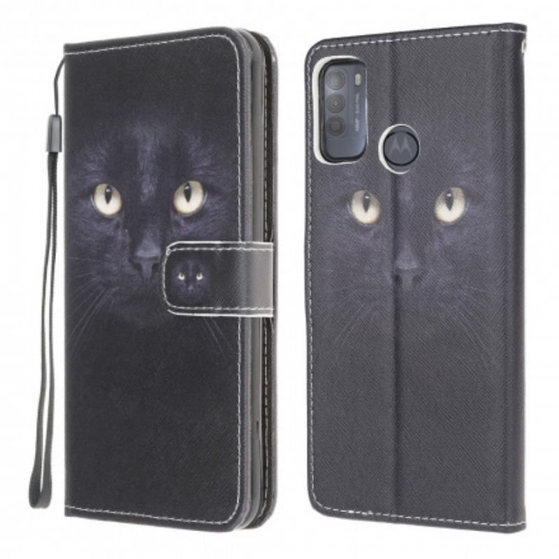 Housse Moto G50 Yeux de Chat Noir à Lanière