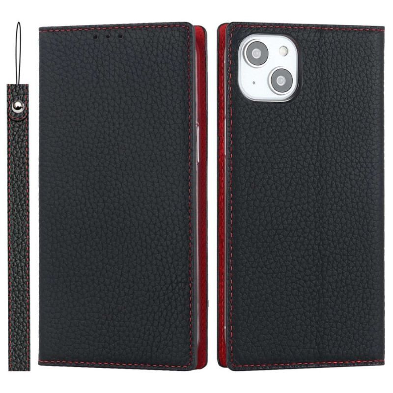 Flip Cover iPhone 14 Cuir Litchi Véritable à Lanière