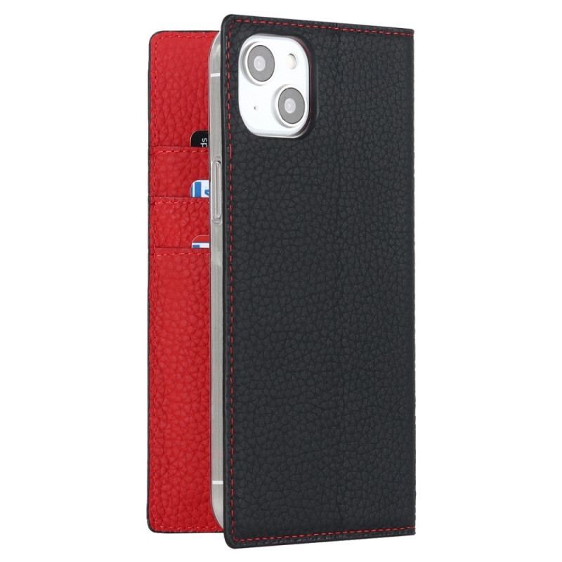 Flip Cover iPhone 14 Cuir Litchi Véritable à Lanière