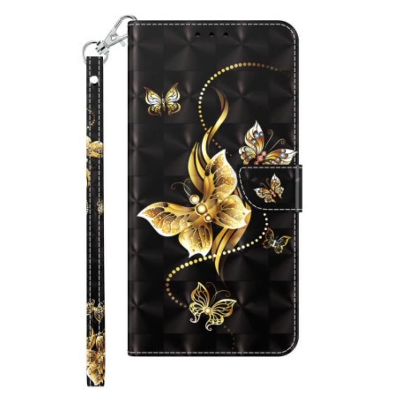 Housse iPhone 14 Papillons Dorés à Lanière