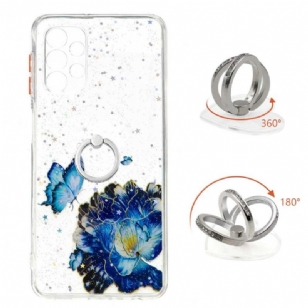 Coque Samsung Galaxy A32 5G fleurs et papillons bleus avec anneau