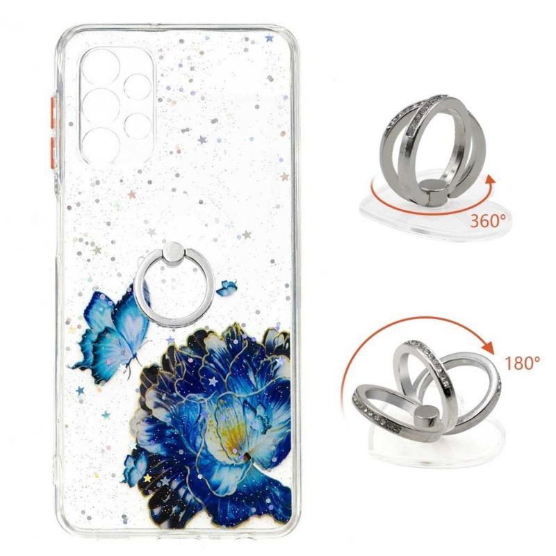 Coque Samsung Galaxy A32 5G fleurs et papillons bleus avec anneau