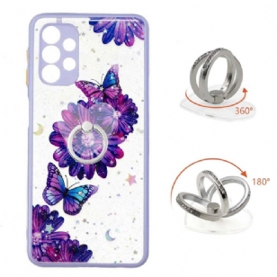 Coque Samsung Galaxy A32 5G fleurs et papillons violets avec anneau