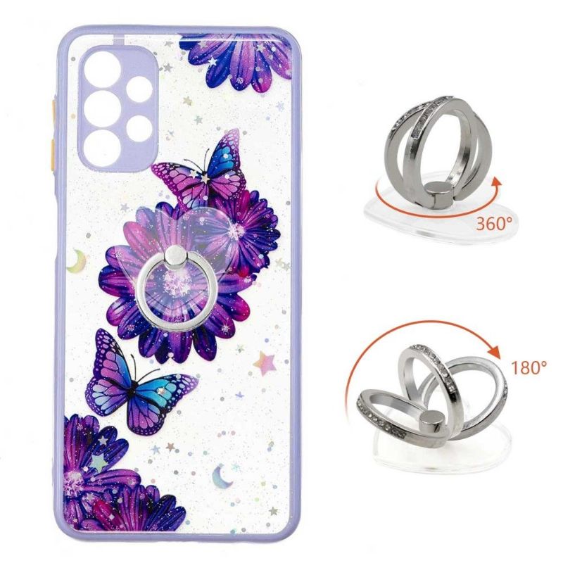 Coque Samsung Galaxy A32 5G fleurs et papillons violets avec anneau