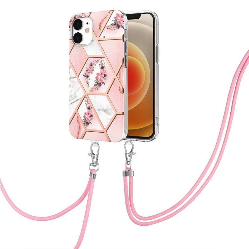 Coque iPhone 12 / 12 Pro marbre et couronne de fleurs à cordon