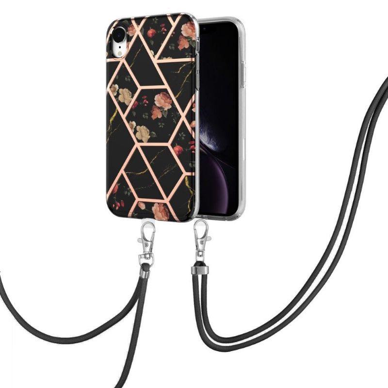 Coque iPhone XR à cordon marbre et fleurs