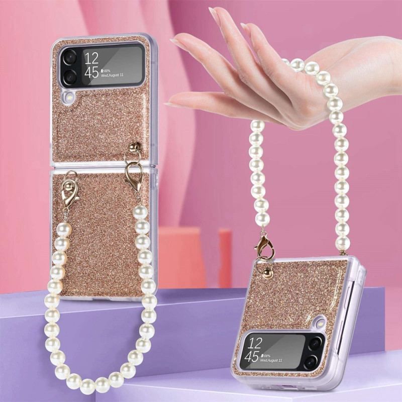 Coque Samsung Galaxy Z Flip 4 Paillettes Lanière en Perles